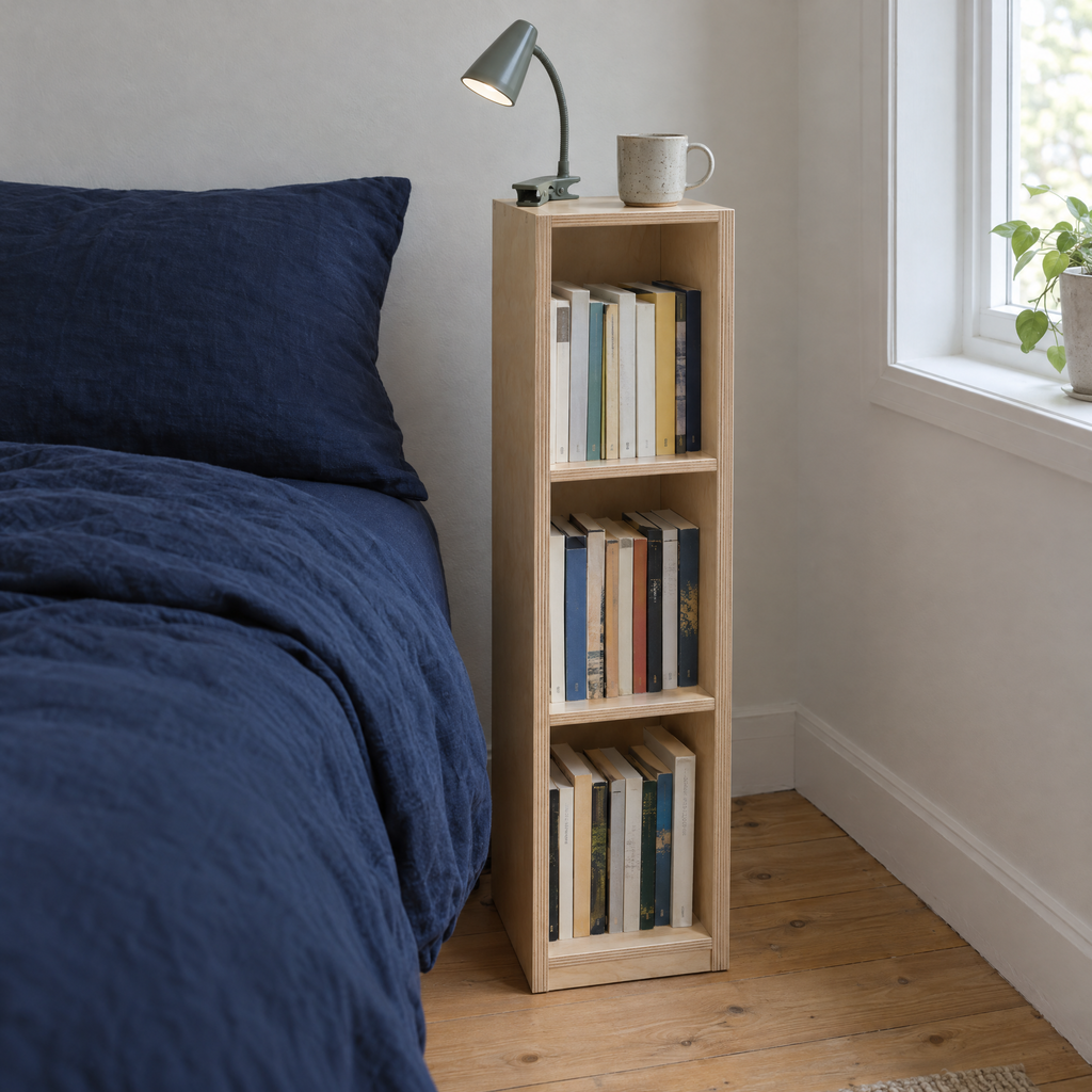 Book Tower beside a bed
