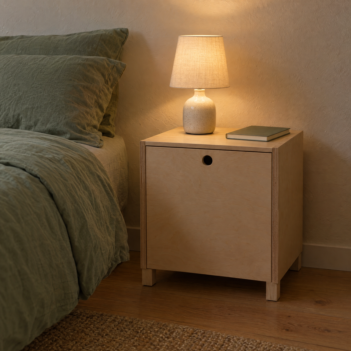Hatch Bedside Table beside a bed