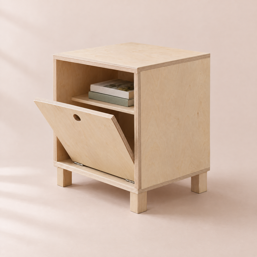Hatch Bedside Table in birch plywood, studio photograph