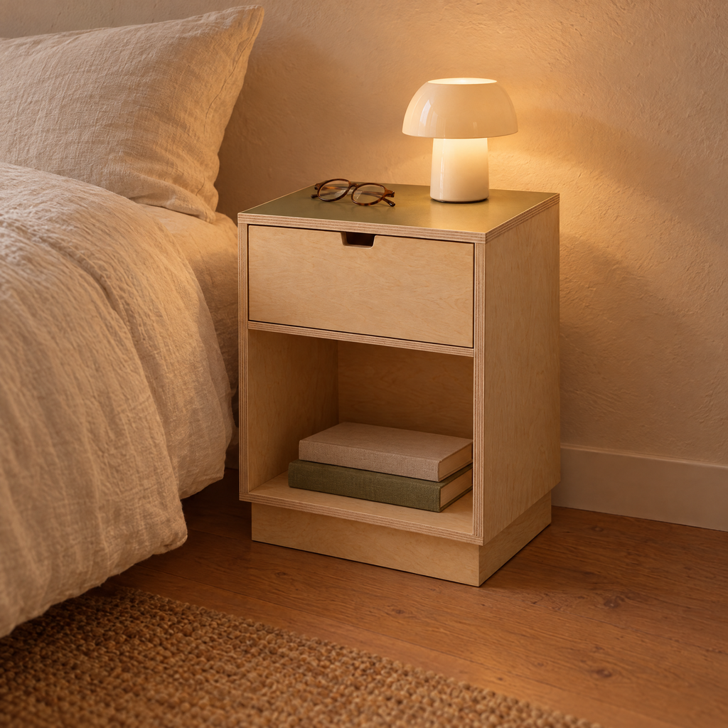 Lino Top Bedside Table beside a bed