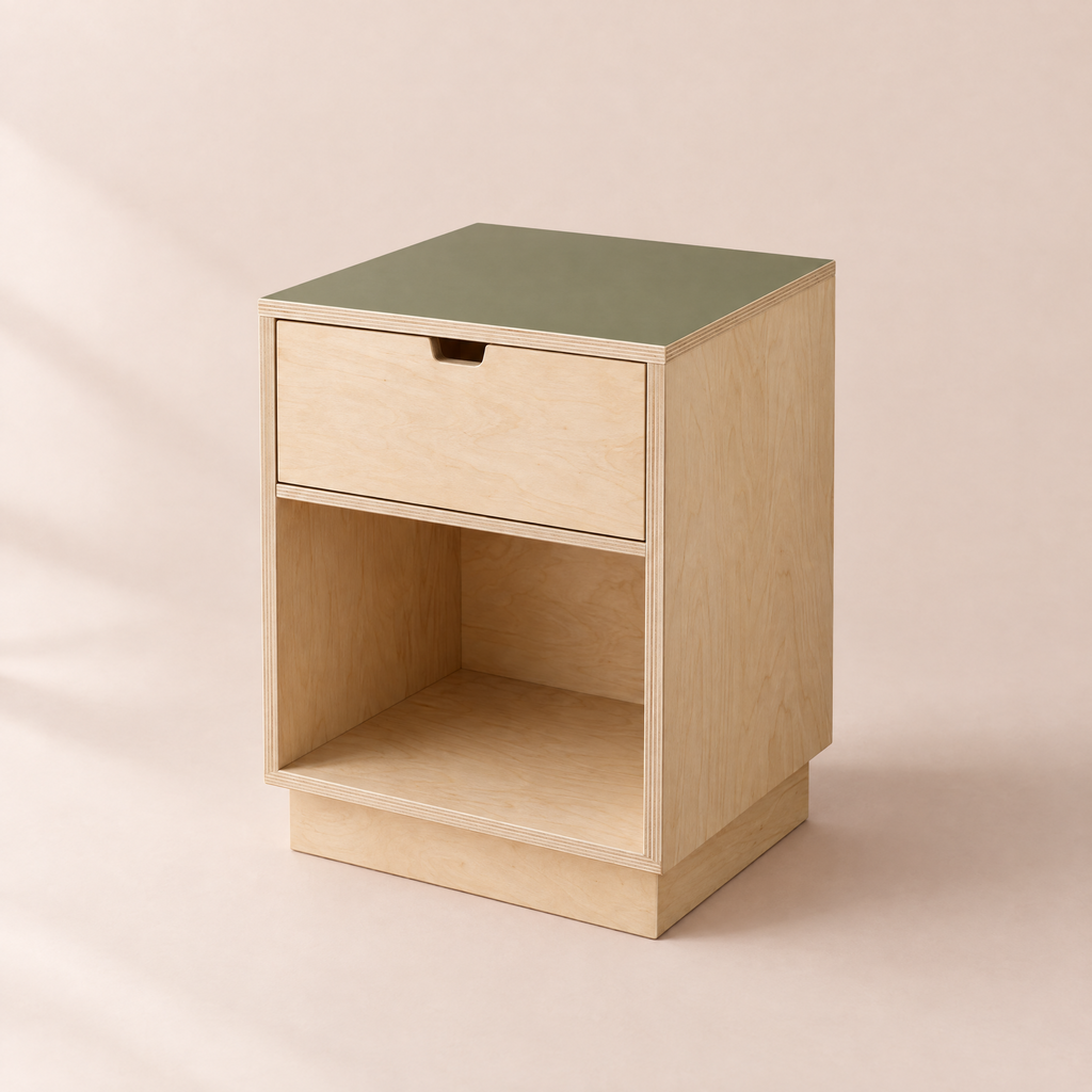 Lino Top Bedside Table in birch plywood, studio photograph