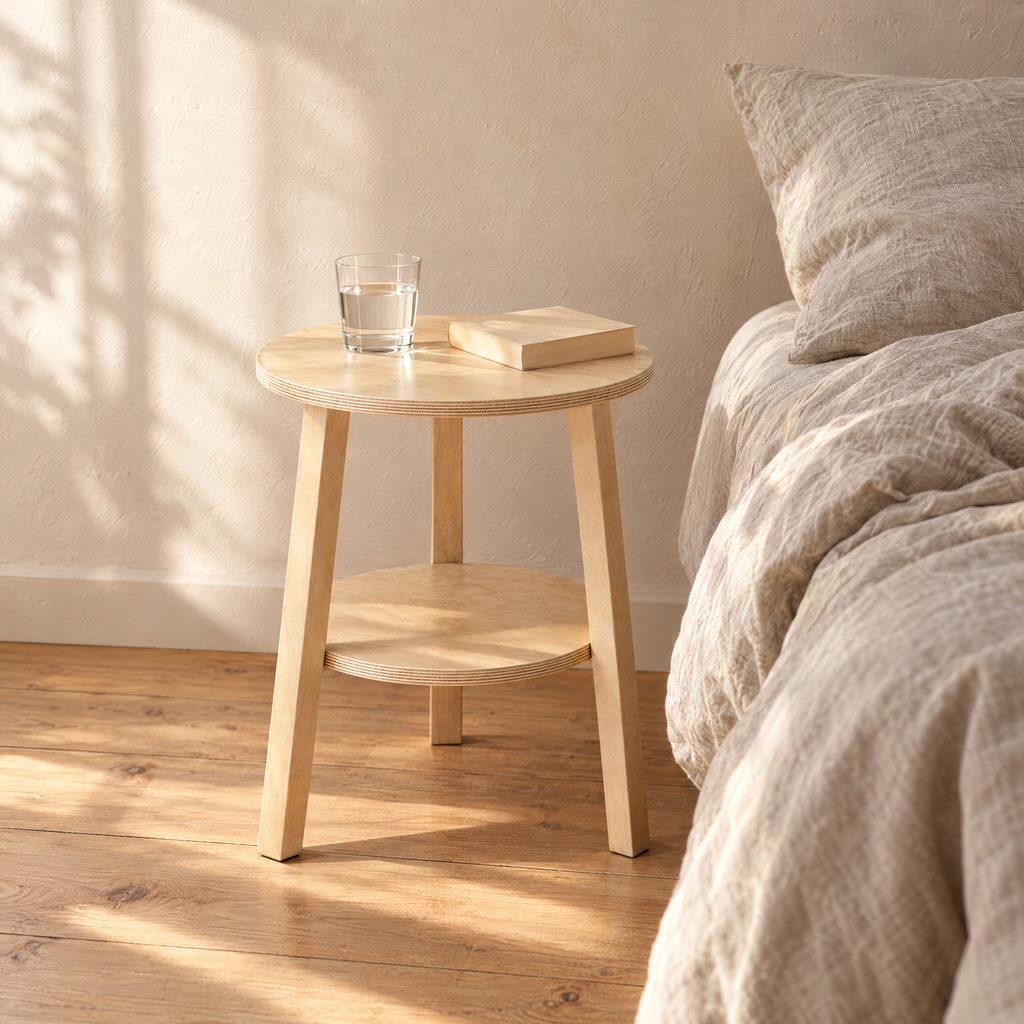 Round Stool Table beside a bed
